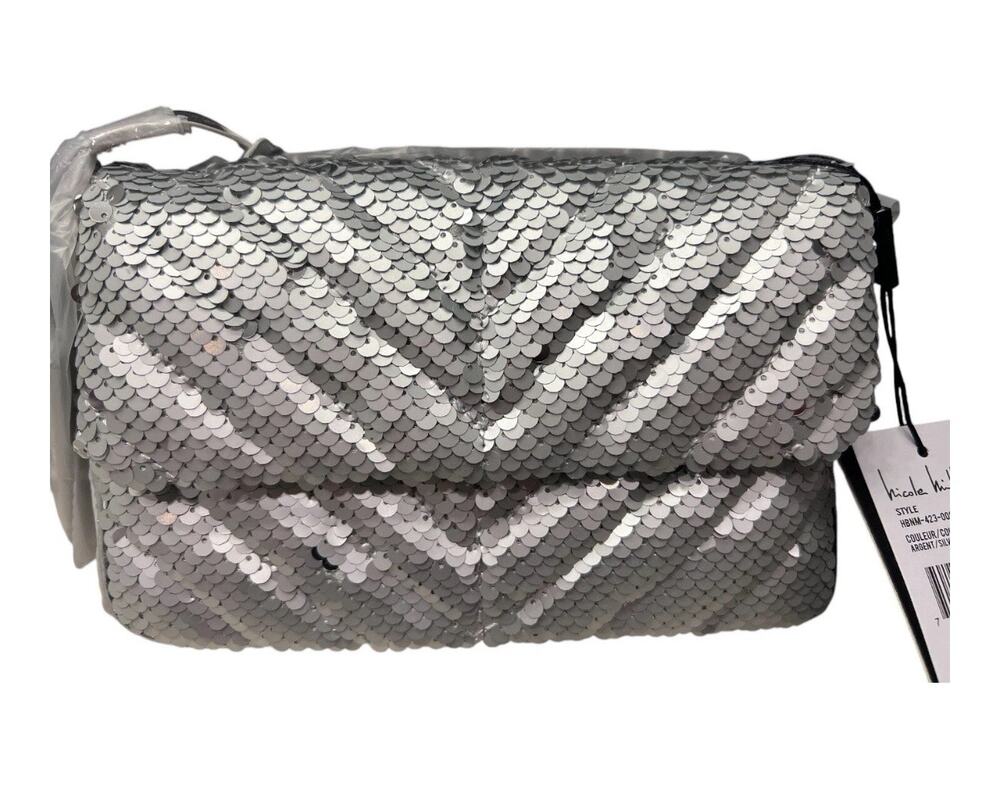 Nicole Miller Silver Sequin Crossbody Bag Chain Strap Convertible Clutch NWT